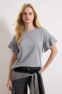 TRENDYOLMİLLA Gray 100% Cotton Ruffle Detailed Basic Crew Neck Knitting T-Shirt