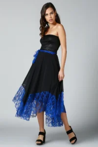Quincey Women Saks Blue Black Asymmetric Skirt