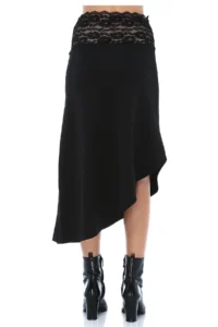 Quincey Women's Black Scuba Lace Belted Lycra Asymmetrical Skirt Ek2360 - Image 2