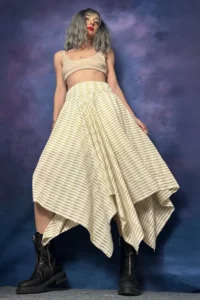 Quincey SILVERY Knitwear Asymmetric Striped Beige Skirt - Image 4