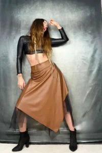 Quincey Asymmetric KAHVE Tulle DETAYLI Leather Skirt