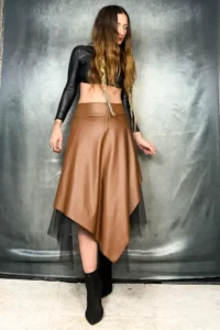 Quincey Asymmetric KAHVE Tulle DETAYLI Leather Skirt - Image 2