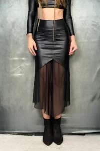 Quincey Asymmetric Narrow CUT SEXY Tulle DETAIL Leather Skirt - Image 5