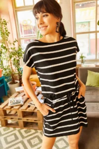 Olalook Women's Black Striped Waist Lace Dress