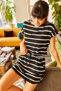 Olalook Women's Black Striped Waist Lace Dress - Image 2