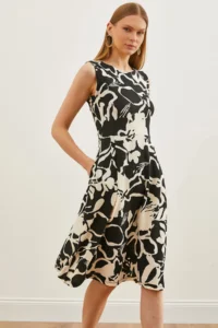 Olalook Women White Black with pocket flared Dress