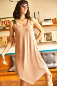 Olalook Women's Beige Ethnic Strappy Asymmetrical Dress - Image 2