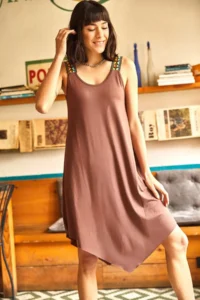 Olalook Women's Bitter Brown Ethnic Strappy Asymmetrical Dress - Image 3