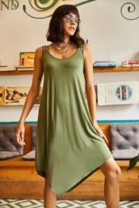 Olalook Women's Khaki Ethnic Strappy Asymmetrical Dress - Image 2