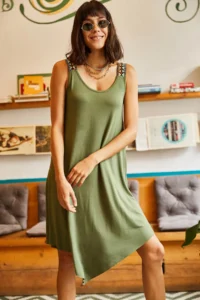 Olalook Women's Khaki Ethnic Strappy Asymmetrical Dress - Image 3
