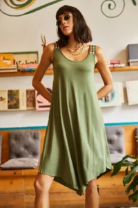 Olalook Women's Khaki Ethnic Strappy Asymmetrical Dress - Image 4