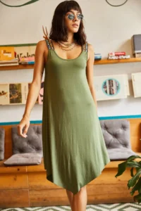 Olalook Women's Khaki Ethnic Strappy Asymmetrical Dress - Image 5