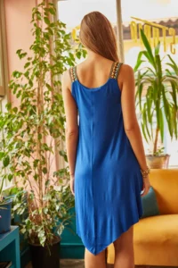 Olalook Women's Saks Blue Ethnic Strappy Asymmetrical Dress - Image 3