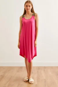 Olalook Women's Fuchsia Ethnic Strappy Asymmetrical Dress - Image 2