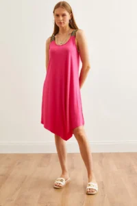 Olalook Women's Fuchsia Ethnic Strappy Asymmetrical Dress - Image 3