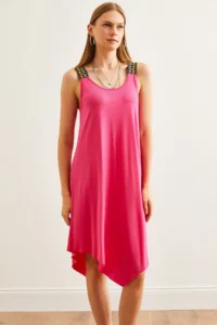 Olalook Women's Fuchsia Ethnic Strappy Asymmetrical Dress - Image 4