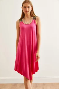 Olalook Women's Fuchsia Ethnic Strappy Asymmetrical Dress - Image 6