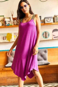 Olalook Women's Plum Ethnic Strappy Asymmetrical Dress - Image 4