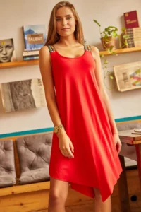 Olalook Women's Red Ethnic Strappy Asymmetrical Dress