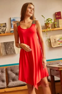 Olalook Women's Red Ethnic Strappy Asymmetrical Dress - Image 3