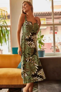 Olalook Women's Green Zippered Big Palm Pattern Dress - Image 2