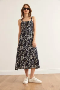Olalook Women's Shawl Navy Blue Zippered Patterned Knitted Dress - Image 2