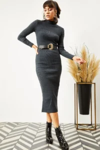 Olalook Women's Anthracite Lycra Raised Long Camisole Dress