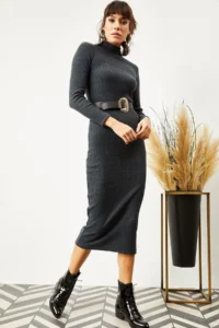 Olalook Women's Anthracite Lycra Raised Long Camisole Dress - Image 2