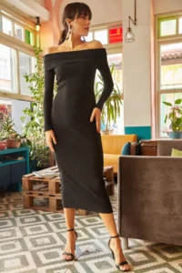 Olalook Women's Black Madonna Collar Lycra Long Dress
