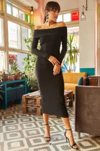 Olalook Women's Black Madonna Collar Lycra Long Dress - Image 2