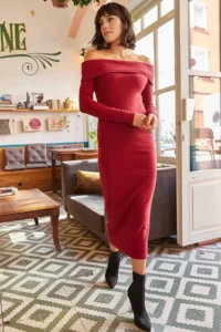 Olalook Women's Claret Red Madonna Collar Lycra Long Dress