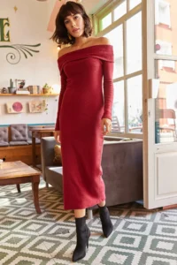 Olalook Women's Claret Red Madonna Collar Lycra Long Dress - Image 2