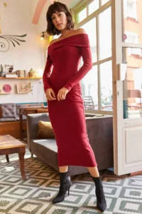 Olalook Women's Claret Red Madonna Collar Lycra Long Dress - Image 3