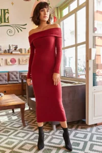 Olalook Women's Claret Red Madonna Collar Lycra Long Dress - Image 4