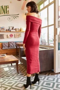Olalook Women's Claret Red Madonna Collar Lycra Long Dress - Image 5
