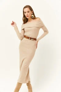 Olalook Women's Stone Madonna Collar Lycra Long Dress - Image 3
