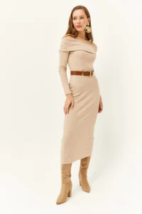 Olalook Women's Stone Madonna Collar Lycra Long Dress - Image 4