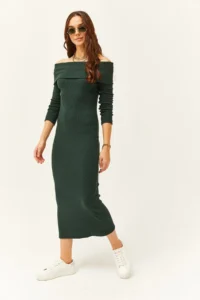 Olalook Women's Emerald Green Madonna Collar Lycra Long Dress - Image 2