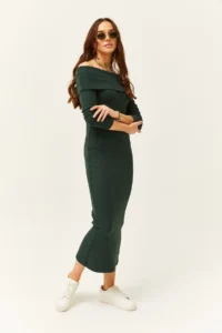 Olalook Women's Emerald Green Madonna Collar Lycra Long Dress - Image 3