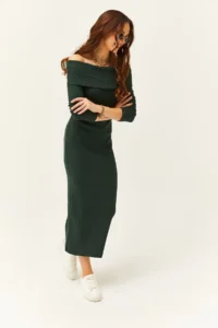 Olalook Women's Emerald Green Madonna Collar Lycra Long Dress - Image 4