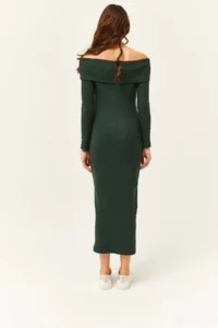 Olalook Women's Emerald Green Madonna Collar Lycra Long Dress - Image 5