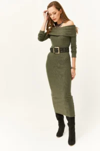 Olalook Women's Khaki Madonna Collar Lycra Long Dress - Image 2