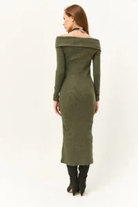 Olalook Women's Khaki Madonna Collar Lycra Long Dress - Image 4