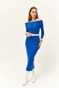 Olalook Women's Saks Blue Madonna Collar Lycra Long Dress - Image 2