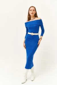 Olalook Women's Saks Blue Madonna Collar Lycra Long Dress - Image 3