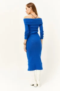 Olalook Women's Saks Blue Madonna Collar Lycra Long Dress - Image 5