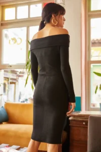 Olalook Women's Black Madonna Collar Lycra Dress - Image 4