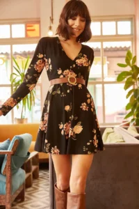 Olalook Women's Black Big Floral Double Breasted Dress