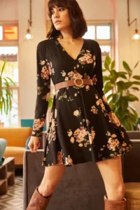 Olalook Women's Black Big Floral Double Breasted Dress - Image 2