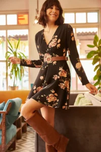 Olalook Women's Black Big Floral Double Breasted Dress - Image 3
